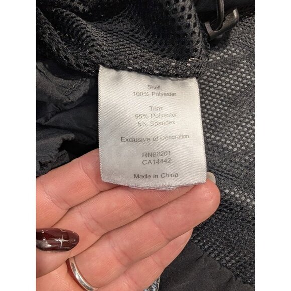 Modetta womens size Medium black geometric rain jacket wind breaker, hood zip T8 - Picture 10 of 14